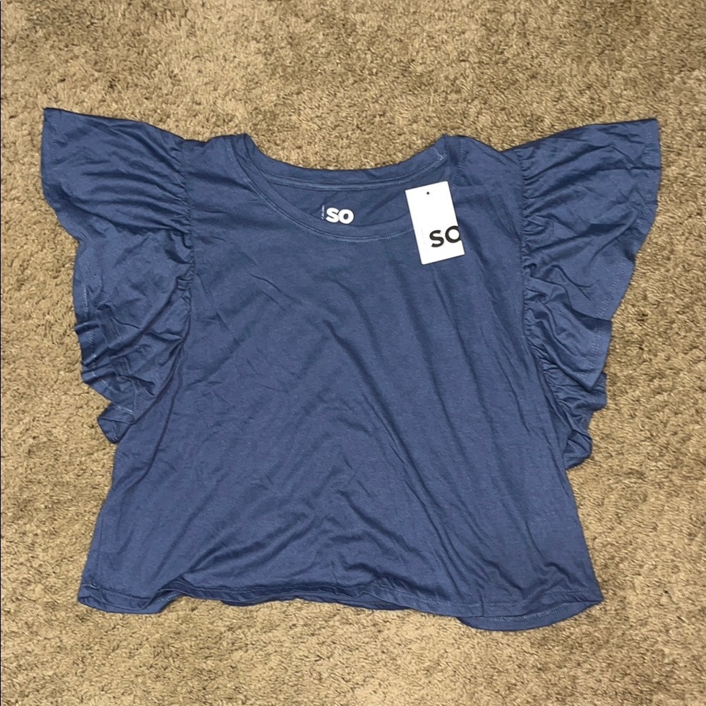 SO Women's Blue Ruffle Sleeve Top